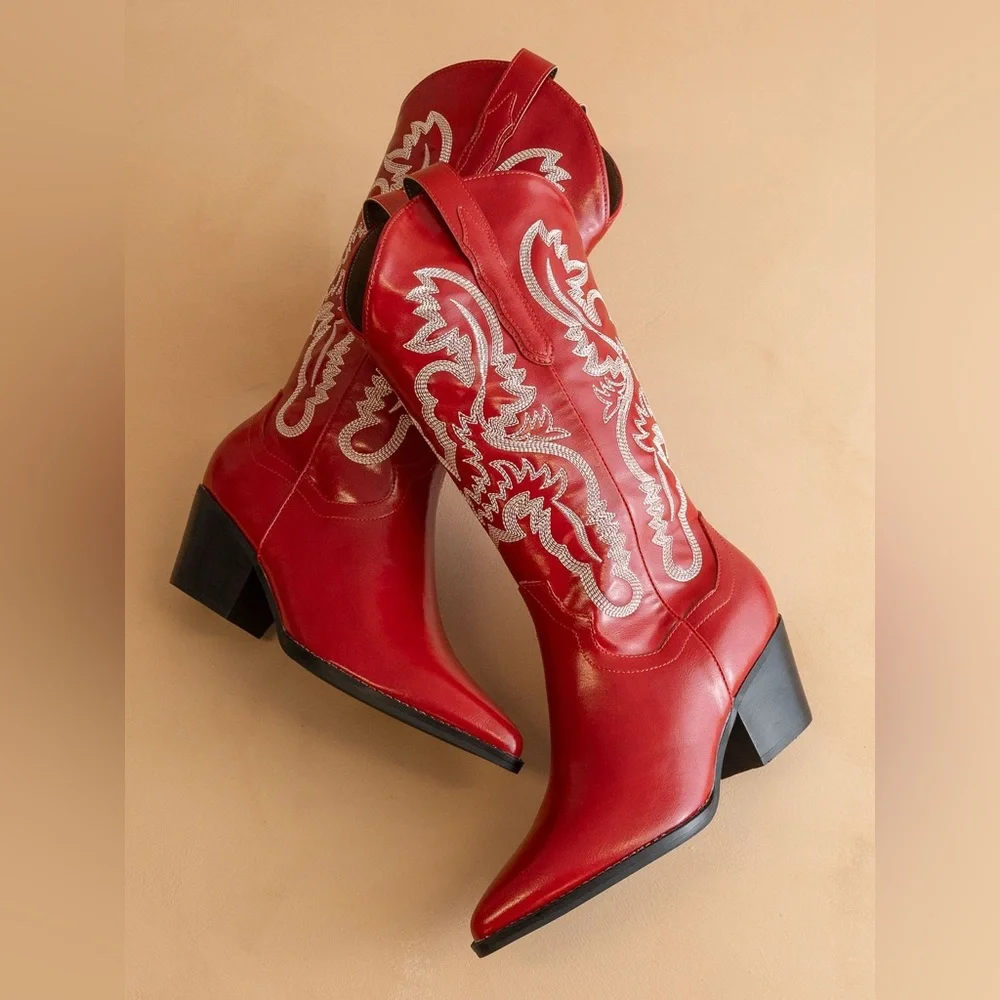Contrast Embroidered Leather Western Boots - Oasis Society - Picture 5 of 5